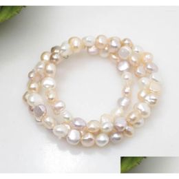 Beaded Strand Beauty 8Mm Real Baroque Pearl Handmade 3Rows Stretch Bracelet 7Inches White Black Choose Color Drop Delivery Jewelry Br Dh1Mo