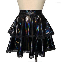 Skirts Shiny PVC Leather High Waist Mini Skirt Women Sexy Lace Macrame Two-layer Sweet Party Club Punk Gothic S-7XL