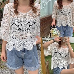 Women's Blouses Women 3/4 Sleeve Floral Lace Cover Up T-Shirt Hollow Crochet Knit Loose Crop Top N7YE