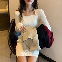 Women's Sweaters Women's Casual Sexy Dress Autumn And Winter Solid Color Knitted Square Neck Slim Bag Hip Skirt