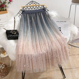 Capris Long Skirts Women Elastic High Waist Skirt Ladies Gradient Colour Star Sequin Elastic Waist Mesh Star Tulle 2021summer Midi Skirt