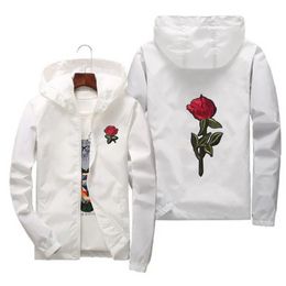 QNPQYX New Rose Jacket Windbreaker Men And Women's Jacket New Fashion White And Black Roses Outwear Coat