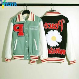 YICIYA Bomber Designer Jackets For Men Stitched Sports Baseball Collar Leather Sleeve Streetwear Hip Hop Varsity Letterman Peace Tops Coats Embriodery Flower