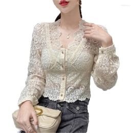 Women's Blouses Shirts Autumn Lace Hollow Out Sexy Ladies Chiffon Shirt V-Neck Long Sleeve Slim Female Base Short Cardigans