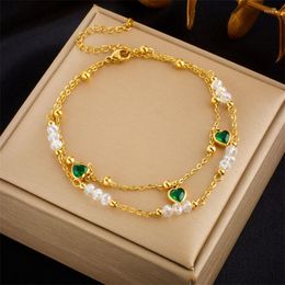 Link Bracelets 316L Stainless Steel Fashion Ethnic Love Heart Beaded Bracelet Anklets For Women Simple Zircon Non-Fading Party Jewelry Gift