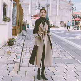 Women's Wool & Blends Winter Long Women Woolen Coat Stitching Contrast Color Temperament Ladies Cloak Casual Loose High-quality Thicken Jack
