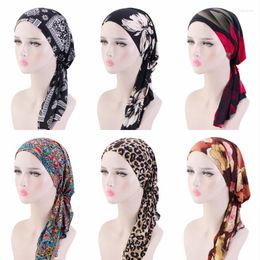 Scarves Fashion Ramadan Muslim Elastic Hijab Hats Headwear African Women Printed Leopard Bandanas Florals Long Tail Turban Cap Beanies