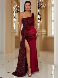 One-shoulder sleeveless women sequin slit long evening prom dresses