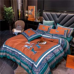 Luxury Gold Horse Lace Edge Embroidery Palace Bedding Set Bamboo Fibre Cotton Soft Cosy Quilt Cover Set Bed Sheet Pillowcases