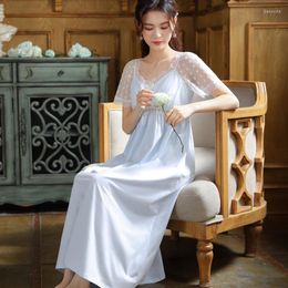 Women's Sleepwear Blue Women's Nightdress Sexy V-Neck Embroidery Lace Long Nightgown Summer Princess Dress Casual Loose Lingerie Home