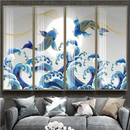Tapeten Chinesische Wasserlinie Welle Spray Sonnenaufgang Fische Blaue Tinte Wandbild Tapete für Wände 3D Sushi Restaurant Industriedekor Wandpapier