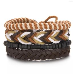 Charm Bracelets Vintage Leather Bracelet For Men Wooden Bead Striated Braided Rope 4 Pieces Combination Multilayer Set