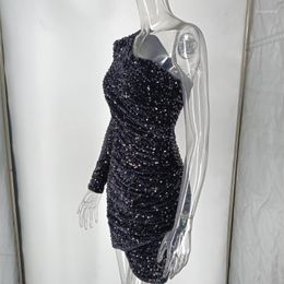 Casual Dresses Glitter Sequin One Shoulder Cocktail Asymmetrical Wrap Hem Mini Dress For Women