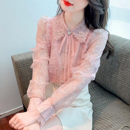 Women's Blouses Pink Shirt Women 2023 Fall French Puff Sleeves Luxury Heavy Industry Stand Collar Lace Embroidery Clothing