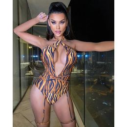 Women's Swimwear Women 2023 Bikini Sexy Halter Neck Deep V Tiger Stripes Swimming Suit One-piece Jumpsuits Playsuits BeachWomen'