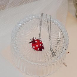 Pendant Necklaces Minar Cute Romantic Clear Red Resin Strawberry Necklace For Women Silver Colour Thin Chain Simulation Pearls