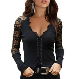 T-Shirt Solid Colour Women Lace Patchwork LongSleeve Tops Ladies Casual Black Hollow Out Sexy V Neck Shirts Female Pullover Ladies Tunic