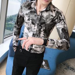 Men's Dress Shirts 2023 Men Spring Autumn Fashion Printing Social Prom Man Long Sleeve Clothes Homem Flower Blouses I156