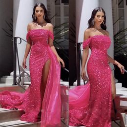 Stuning Sequin Off the Shoulder Evening Dresses Side Split Mermaid Prom Party Gown Organza Train Females vestido de fiesta