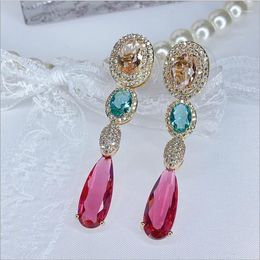 Dangle Earrings Red Water Drop Crystal Temperament Ladies Zircon Copper Retro Long Ear Accessories