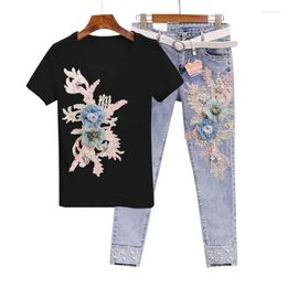 Women's Jeans One-piece/Set Summer Female Bead 3D Embroidery Short-Sleeved Small Feet Ripped Women's Two-Piece Suit