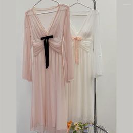 Women's Sleepwear Summer Sexy Bow V-Neck Long Sleeve Satin Nightdress Lingerie Nightie Sleep Nightgowns