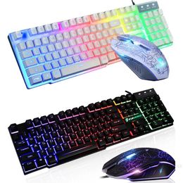 Combos New 1Set T6 Rainbow LED Backlit Multimedia Ergonomic USB Wired Gaming Keyboard Wired Mouse and Mouse Pad for PC Laptop