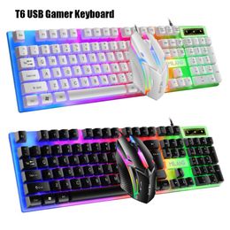 Combos T6 USB Gamer Keyboard Wired Keyboard And Mouse Set Nonslip Waterproof Rainbow LED Backlight Mouse gamer For Laptop PC Computer