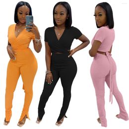 Women's Two Piece Pants Spring Summer Fall Fashion Women's Suit Plain Rib Knit Short Sleeve Wrap Top Set