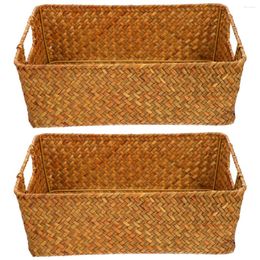 Dinnerware Sets Set 2 Wicker Baskets Handle Hyacinth Storage Rustic Tray Laundry Woven Fruit Bread Imitation Rattan Desktop Sundries Holder