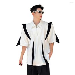 Men's Casual Shirts Men Black White Splice Fashion Loose Causal Short Sleeve T-shirt Net Celebrity Modeling Stage Show Costume Male Dress