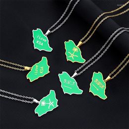 Chains Saudi Arabia Map With Green Enamel Flag Pendant Necklace Stainless Steel Gold Silver Colour Arab Emblem Symbol Ethnic Jewellery