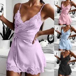 Women's Sleepwear Women Silk Sling Nightdress Female Sexy Lingerie Satin Lace V-neck Nightwear Ladies Babydoll Homewear Nightgown S-3XL