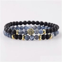 Beaded Strand Amader 6Mm Black Matte Weathered Stone Lovers Bracelet Men Couples Distance Cz Ball Women Elastic Homme Abd063 Drop De Dhqe2