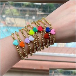 Chain Link Bracelets 10Pcs Copper Beaded Enamel Heart Charm Stretch Bracelet Gold Bead Handmade Jewelry For Women 2022 Fashion Vinta Dhczr