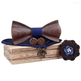 Bow Ties 1920s Mens Wooden Tie-Handkerchief Brooch And Cuffliks Set Bule 3D Bowtie Jacquard Pocket Square For Men Wedding Accessories