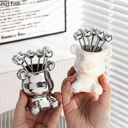 Storage Bottles Ceramic Silver Bear Fruit Fork Set Jar Kitchen Ornaments Toothpick Case Containers Organiser