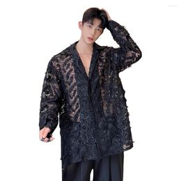 Men's Casual Shirts Men Korean Streetwear Fashion Vintage Lace Hollowe Sequin Cuban Collar Long Sleeve Blouses For Man Party Dress