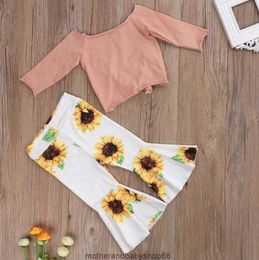 Toddler Kid Baby Girl Clothes Sets Off Shoulder Tops+sunflower Flare Long Pants Outfits