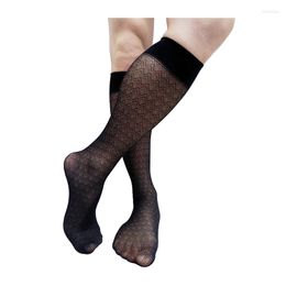 Men's Socks See Through Mens Business Knee High Black Thin Wave Striped Long Tube Male Formal Dress Suit Sexy Lingerie Stocking