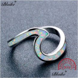 Cluster Rings Blaike 100% Solid S925 Sterling Sier Wave For Women Men White/Blue Fire Opal Ring Female Rainbow Birthstone Fine Jewel Dhn9Z