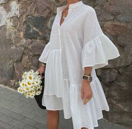 Summer New Elegant Solid Color Stand Collar Butterfly Sleeve Irregular Loose Woman Casual Dress Female Vestidos