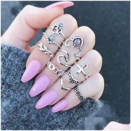 Cluster Rings 10Pcs/Set Boho Vintage Sier Colour Stone Midi Finger Ethnic Gothic Knuckle Set For Women Party Gift Bohemian Ring Drop Dhyaf