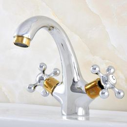 Bathroom Sink Faucets Silver Golden Brass Double Handle Faucet Vanity Cold Mixer Water Tap Dnf478