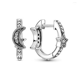 Stud Earrings Authentic 925 Sterling Silver Crescent Moon & Stars Beaded Fashion Hoop For Women Gift DIY Jewelry