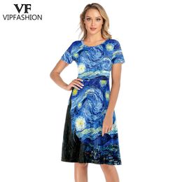 Dresses VIP FASHION Summer Short Sleeve Dress Women Van Gogh Star and Moon Night Painting Printed KneeLength Dress ONeck Smock Dress