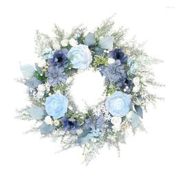 Decorative Flowers Q1JB 20" Flower Wreath For Front Door Artificial Blue Rose Silk Garland Window Wall Wedding Party Winter