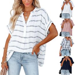 Women's Polos 2023 Summer Striped Blouse Women V Neck Short Sleeve Loose Blouses Ladies Shirts Female Black White For