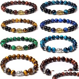 Beaded Strand Natural Tiger Eye Stone Beads Bracelet 8Mm Lava Buddha Head Charm Bracelets Energy Healing Yoga For Men Women Jewelry Dhkqe