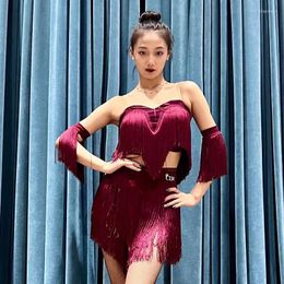 Stage Wear Wine Red Latin Dance Costume Women Tassel Tops Skirt Practise Suit Cha Ruba Competition Dresses Adult DNV17833